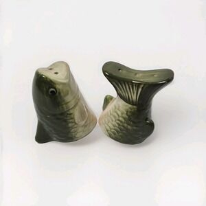 Large Mouth Bass Fish Salt Pepper Shakers Green Ceramic 2.5" Set